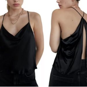 Zara Black Satin Cowl Neck Open Back Tank Top Size Small